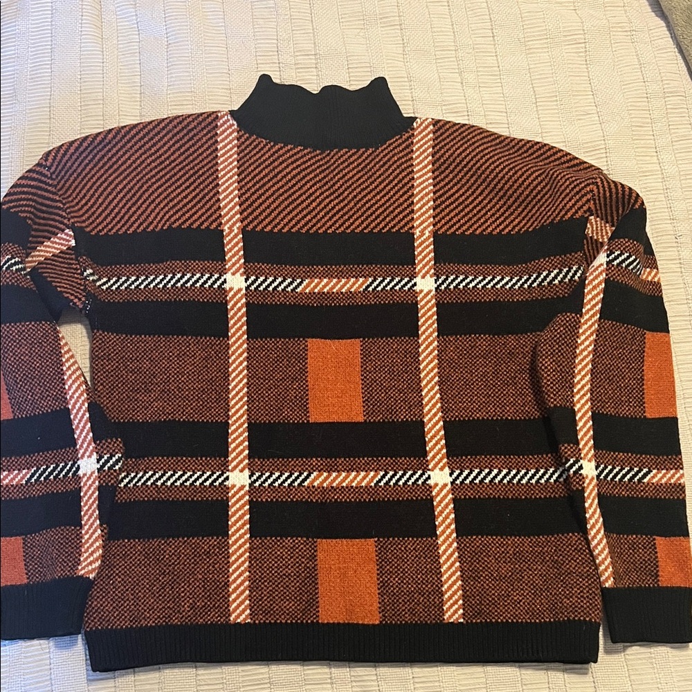 Anthropologie Black and Orange Plaid Turtleneck Sweater